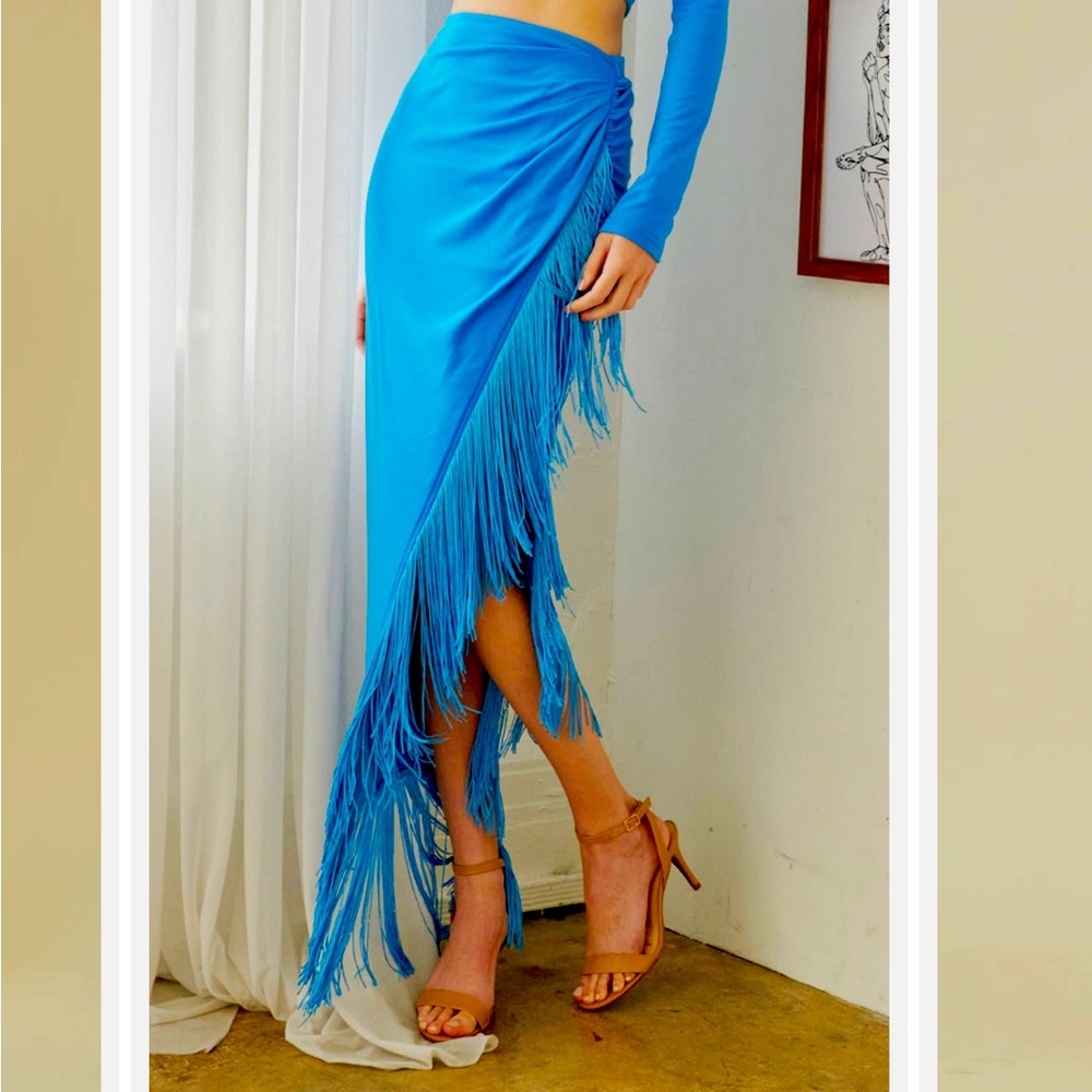 Fore Bloomingdale’s Blue Fringe Wrap Maxi Skirt
